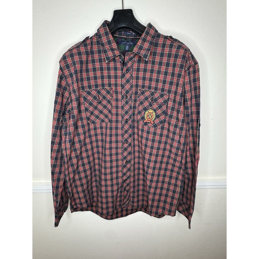 Tommy Hilfiger Big Logo Trim Fit Long Sleeve Button Up Shirt Men’s red Blue‎ XL